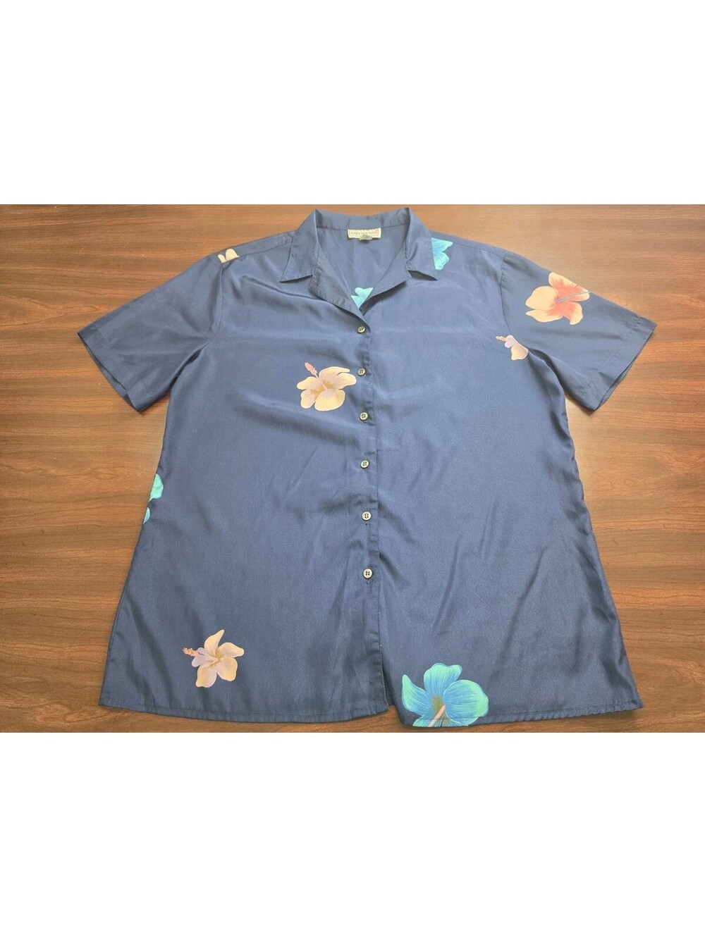 Jones New York Blue Hawaiian Floral Short Sleeve Button Down Shirt Size 12 Aloha